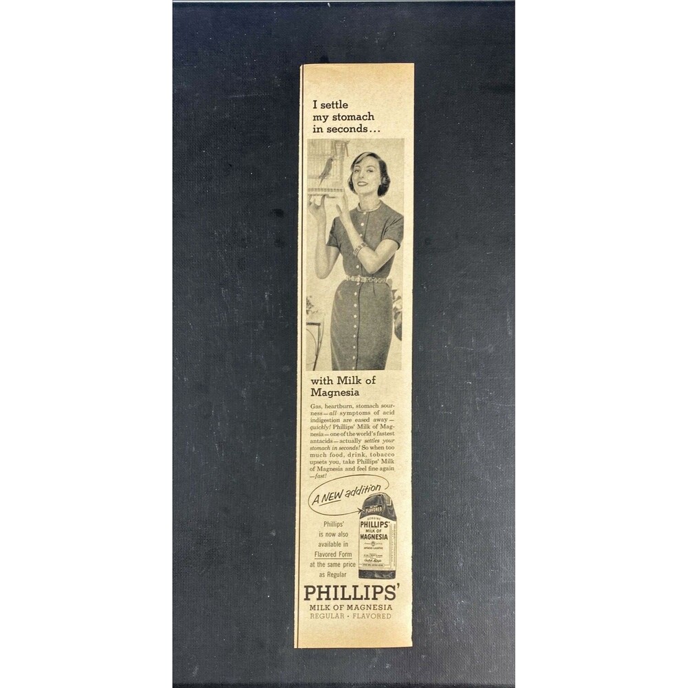 Phillips Milk of Magnesia "Settle Your Stomach in Seconds" Vintage Print Ad 1957